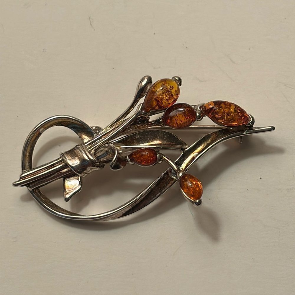 Sterling Silver Baltic Amber Floral Bouquet Branch Multi Orange stone Pin Brooch